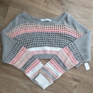 Women's Gray and Pink Open-Knit Stripe Sweater